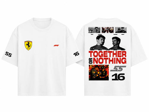 White short-sleeve T-shirt shown from the front and back, featuring the Ferrari shield logo on the front chest, a small red Ferrari logo on the opposite chest, black '55' text on both sleeves, and a large back graphic with black-and-white portraits, bold red text reading 'TOGETHER OR NOTHING', and '16'.